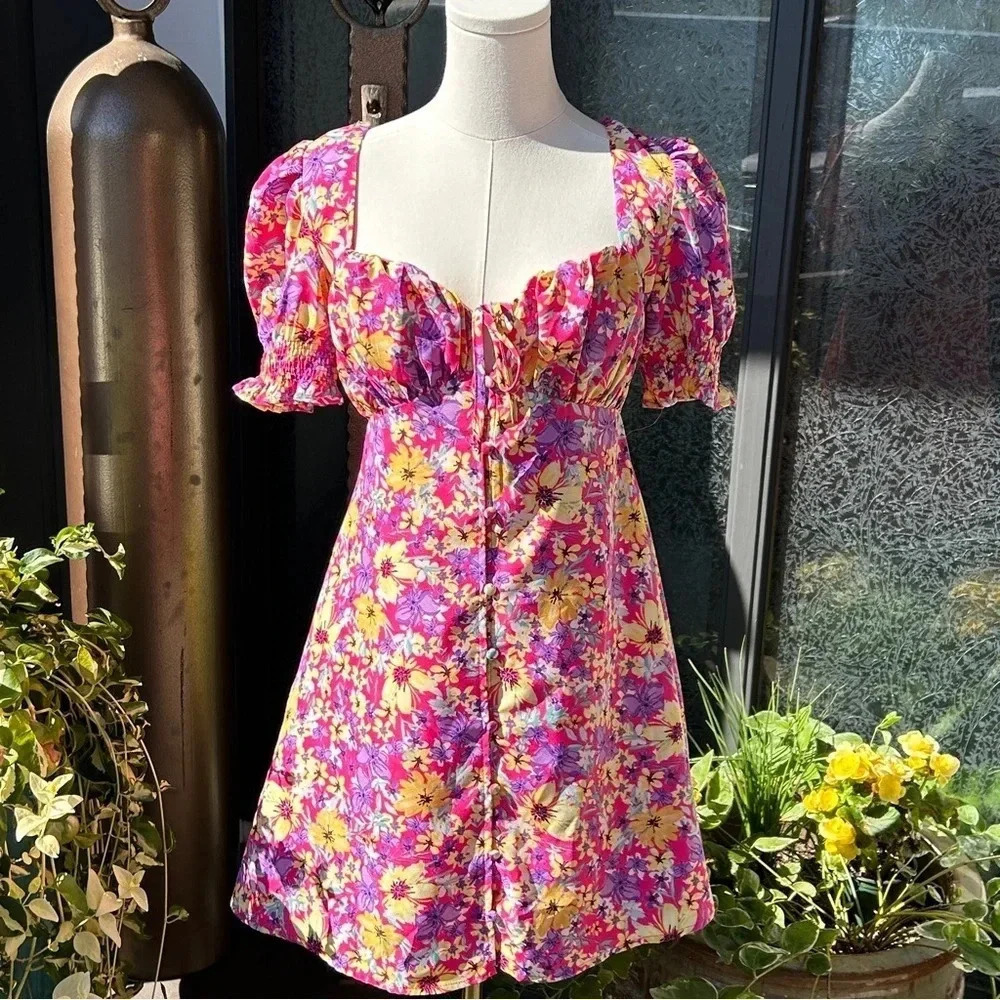 Cottagecore Pink Floral Print Puffed Sleeve Button Front Smocked Babydoll Dress‎